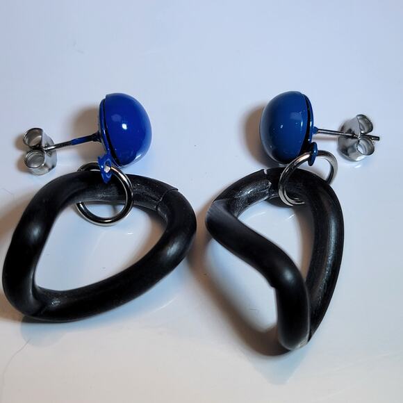 Vintage Blue and Black Geometric Drop Earrings – Bold Retro Design Statement - Picture 1 of 10